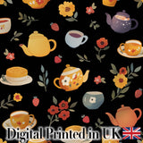Cute Vintage Teapots Cups Flowers  Black Background Seamless Pattern Digital Print Fabric by the Metre UK Sewing Quilting Textile