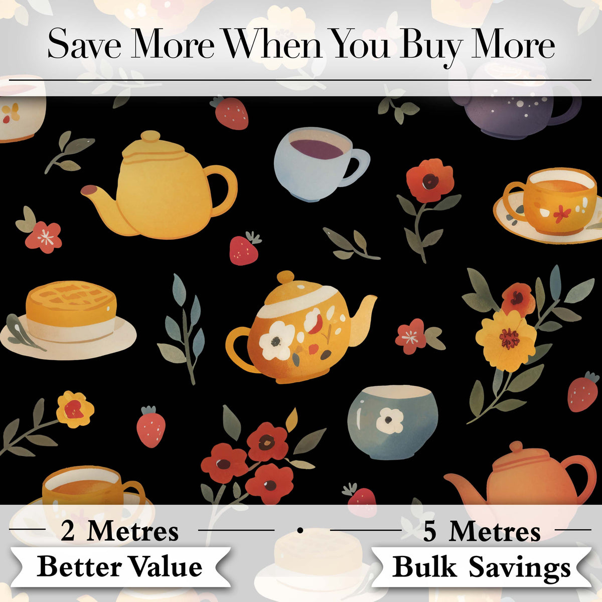 Cute Vintage Teapots Cups Flowers  Black Background Seamless Pattern Digital Print Fabric by the Metre UK Sewing Quilting Textile