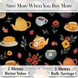 Cute Vintage Teapots Cups Flowers  Black Background Seamless Pattern Digital Print Fabric by the Metre UK Sewing Quilting Textile
