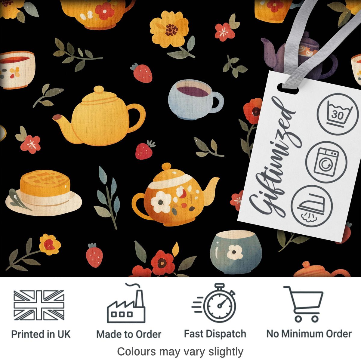 Cute Vintage Teapots Cups Flowers  Black Background Seamless Pattern Digital Print Fabric by the Metre UK Sewing Quilting Textile
