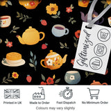 Cute Vintage Teapots Cups Flowers  Black Background Seamless Pattern Digital Print Fabric by the Metre UK Sewing Quilting Textile