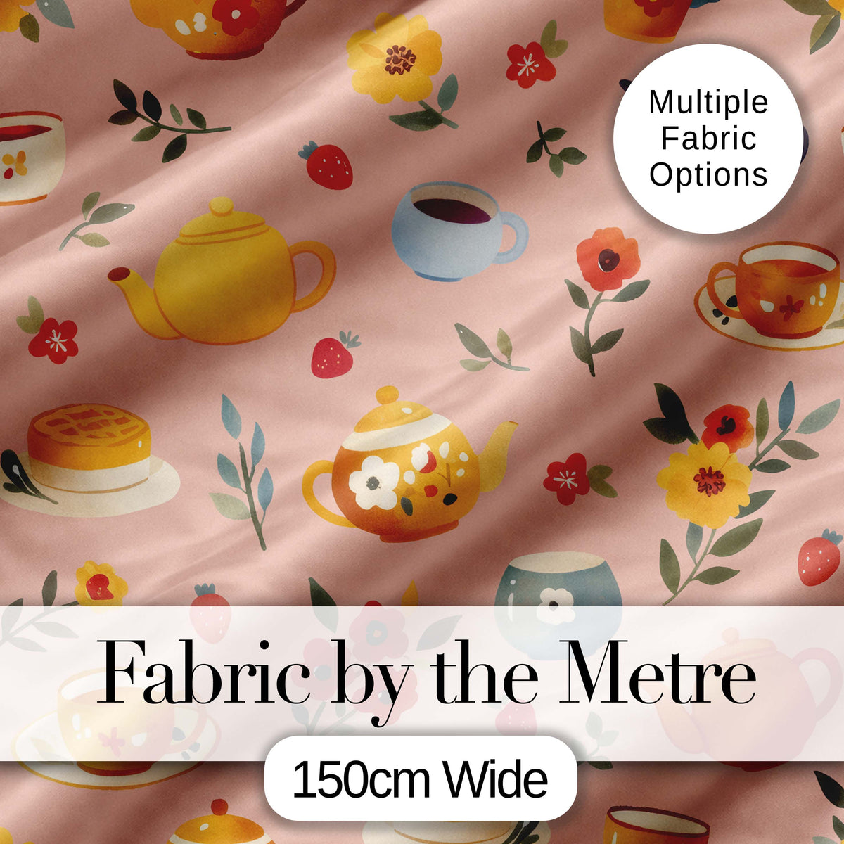 Cute Vintage Teapots Cups Flowers  Peach Background Seamless Pattern Digital Print Fabric by the Metre UK Sewing Quilting Textile
