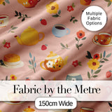 Cute Vintage Teapots Cups Flowers  Peach Background Seamless Pattern Digital Print Fabric by the Metre UK Sewing Quilting Textile