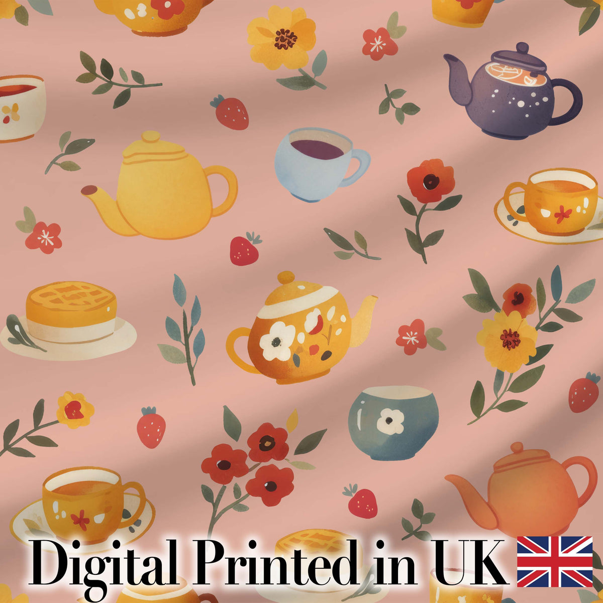Cute Vintage Teapots Cups Flowers  Peach Background Seamless Pattern Digital Print Fabric by the Metre UK Sewing Quilting Textile