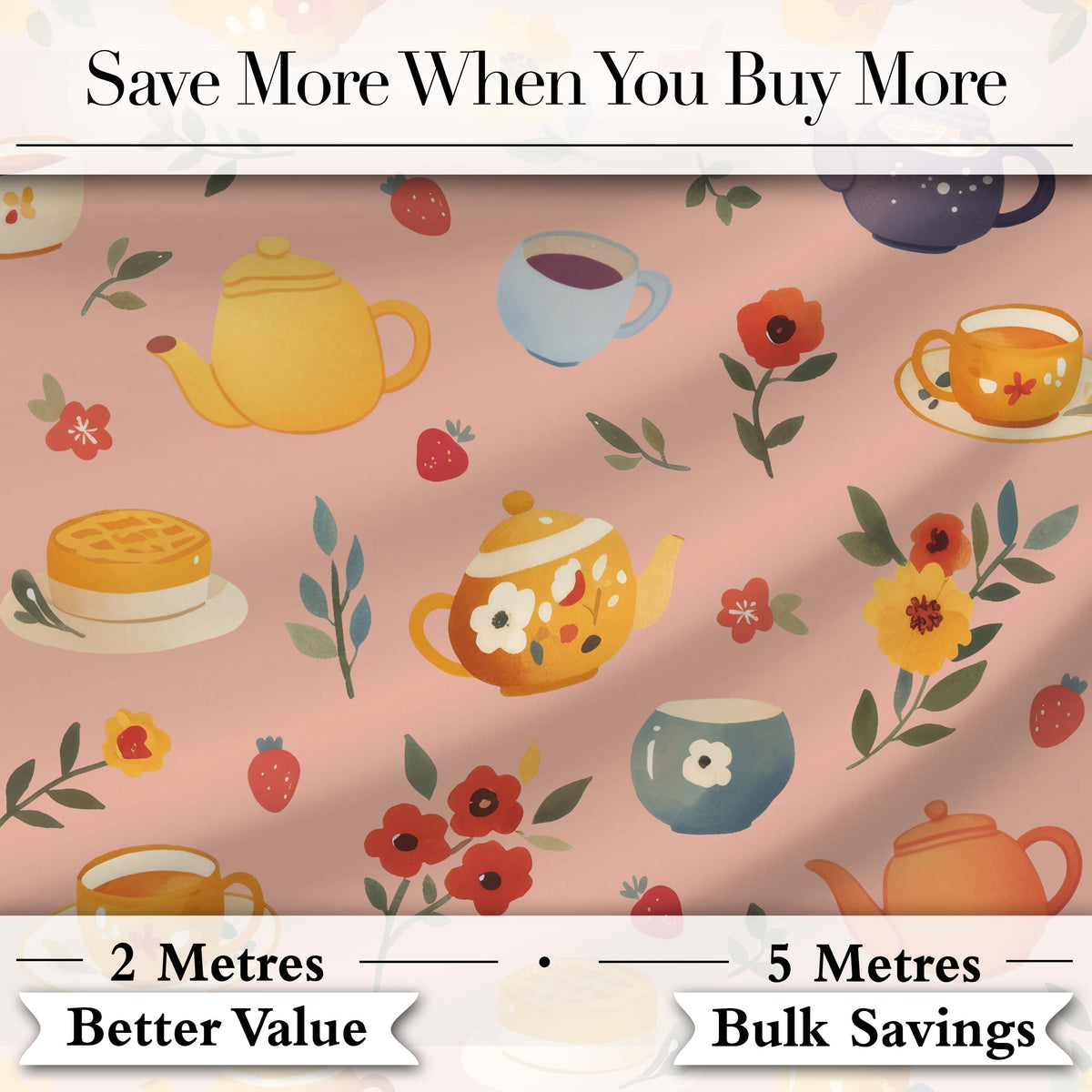 Cute Vintage Teapots Cups Flowers  Peach Background Seamless Pattern Digital Print Fabric by the Metre UK Sewing Quilting Textile