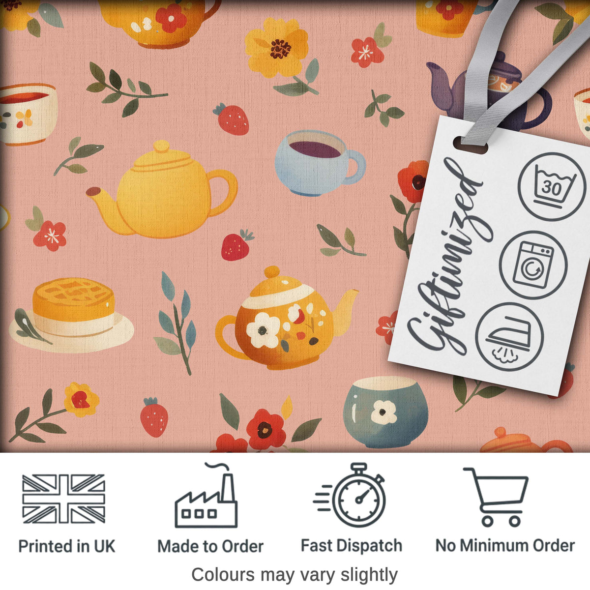 Cute Vintage Teapots Cups Flowers  Peach Background Seamless Pattern Digital Print Fabric by the Metre UK Sewing Quilting Textile
