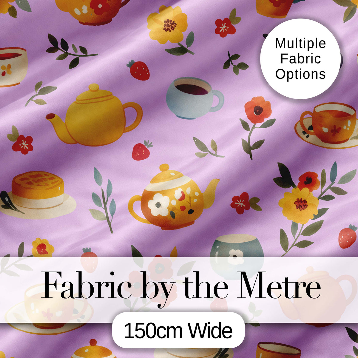 Cute Vintage Teapots Cups Flowers  Lilac Background Seamless Pattern Digital Print Fabric by the Metre UK Sewing Quilting Textile
