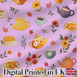 Cute Vintage Teapots Cups Flowers  Lilac Background Seamless Pattern Digital Print Fabric by the Metre UK Sewing Quilting Textile
