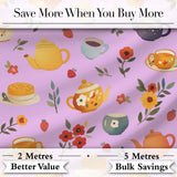 Cute Vintage Teapots Cups Flowers  Lilac Background Seamless Pattern Digital Print Fabric by the Metre UK Sewing Quilting Textile