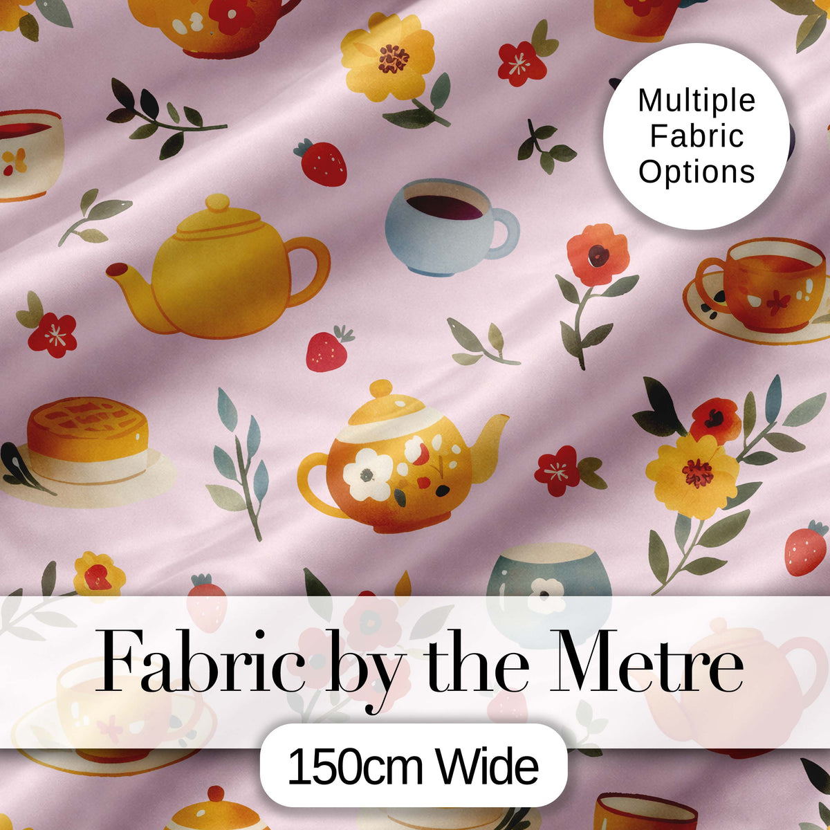 Cute Vintage Teapots Cups Flowers  Soft Pink Background Seamless Pattern Digital Print Fabric by the Metre UK Sewing Quilting Textile