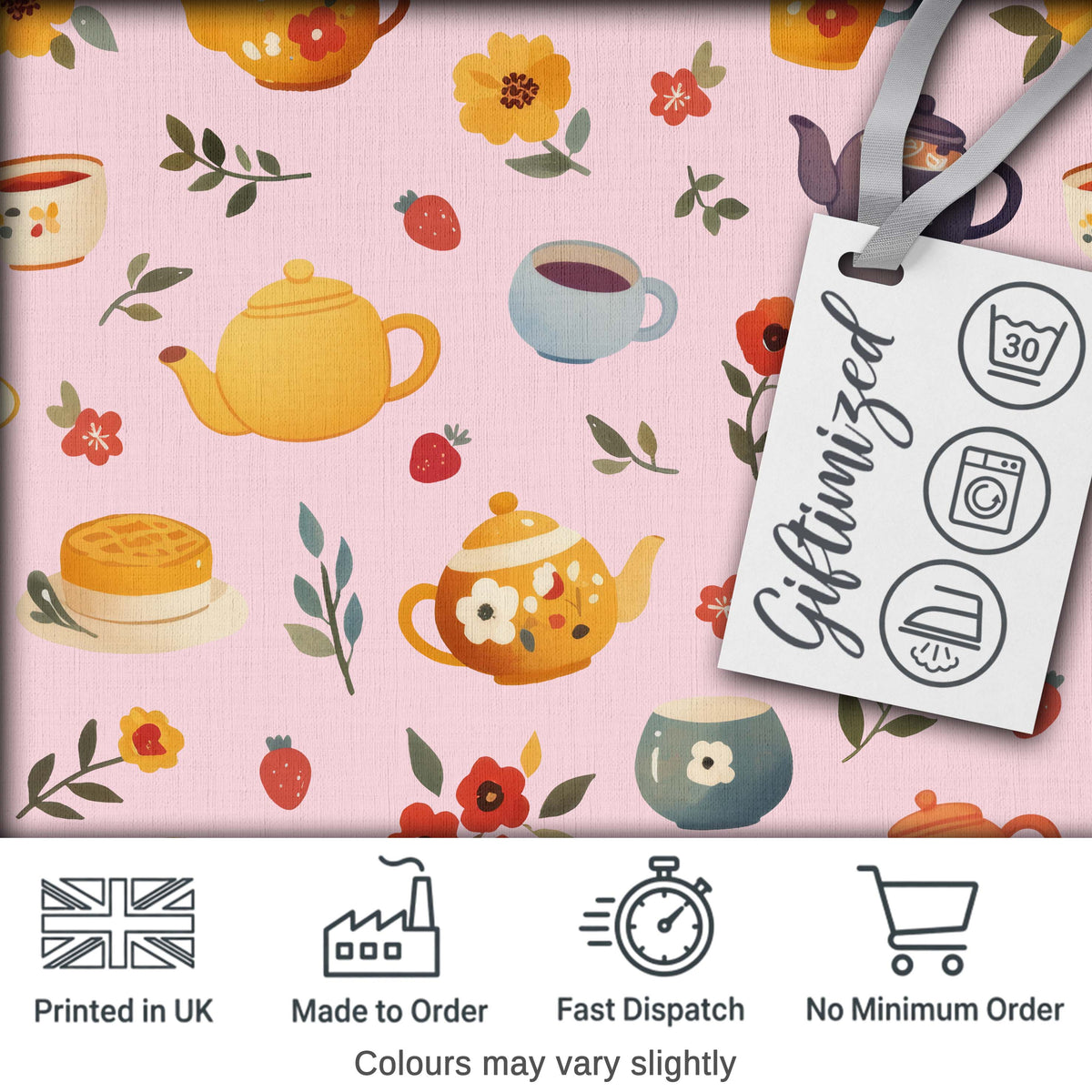 Cute Vintage Teapots Cups Flowers  Soft Pink Background Seamless Pattern Digital Print Fabric by the Metre UK Sewing Quilting Textile