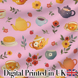 Cute Vintage Teapots Cups Flowers  Rose Pink Background Seamless Pattern Digital Print Fabric by the Metre UK Sewing Quilting Textile