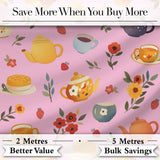 Cute Vintage Teapots Cups Flowers  Rose Pink Background Seamless Pattern Digital Print Fabric by the Metre UK Sewing Quilting Textile