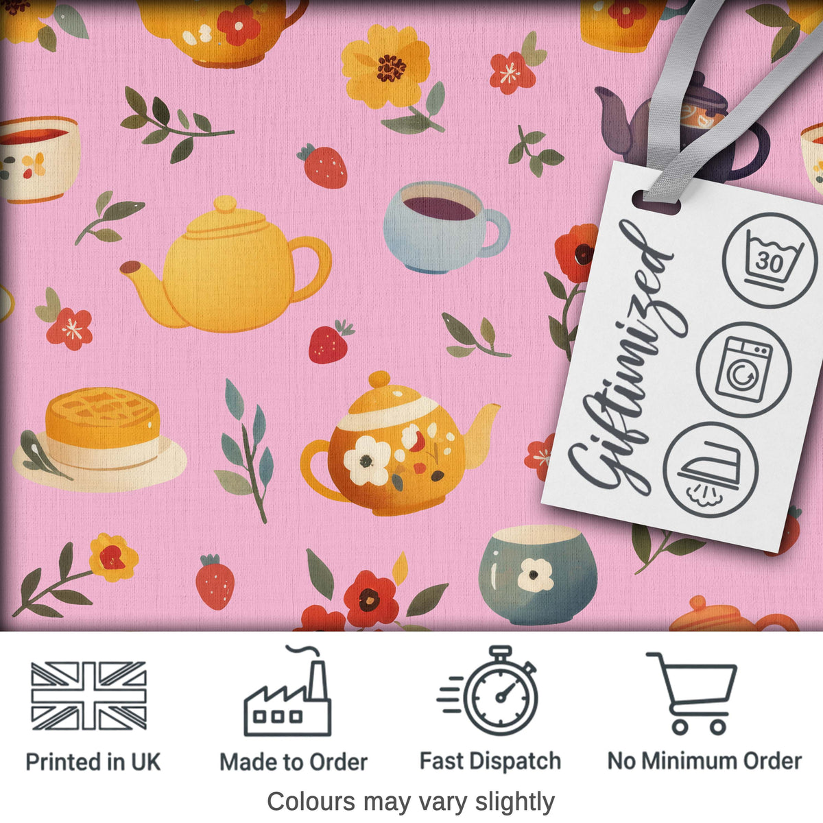 Cute Vintage Teapots Cups Flowers  Rose Pink Background Seamless Pattern Digital Print Fabric by the Metre UK Sewing Quilting Textile