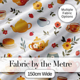 Cute Vintage Teapots Cups Flowers Light Grey Background Seamless Pattern Digital Print Fabric by the Metre UK Sewing Quilting Textile