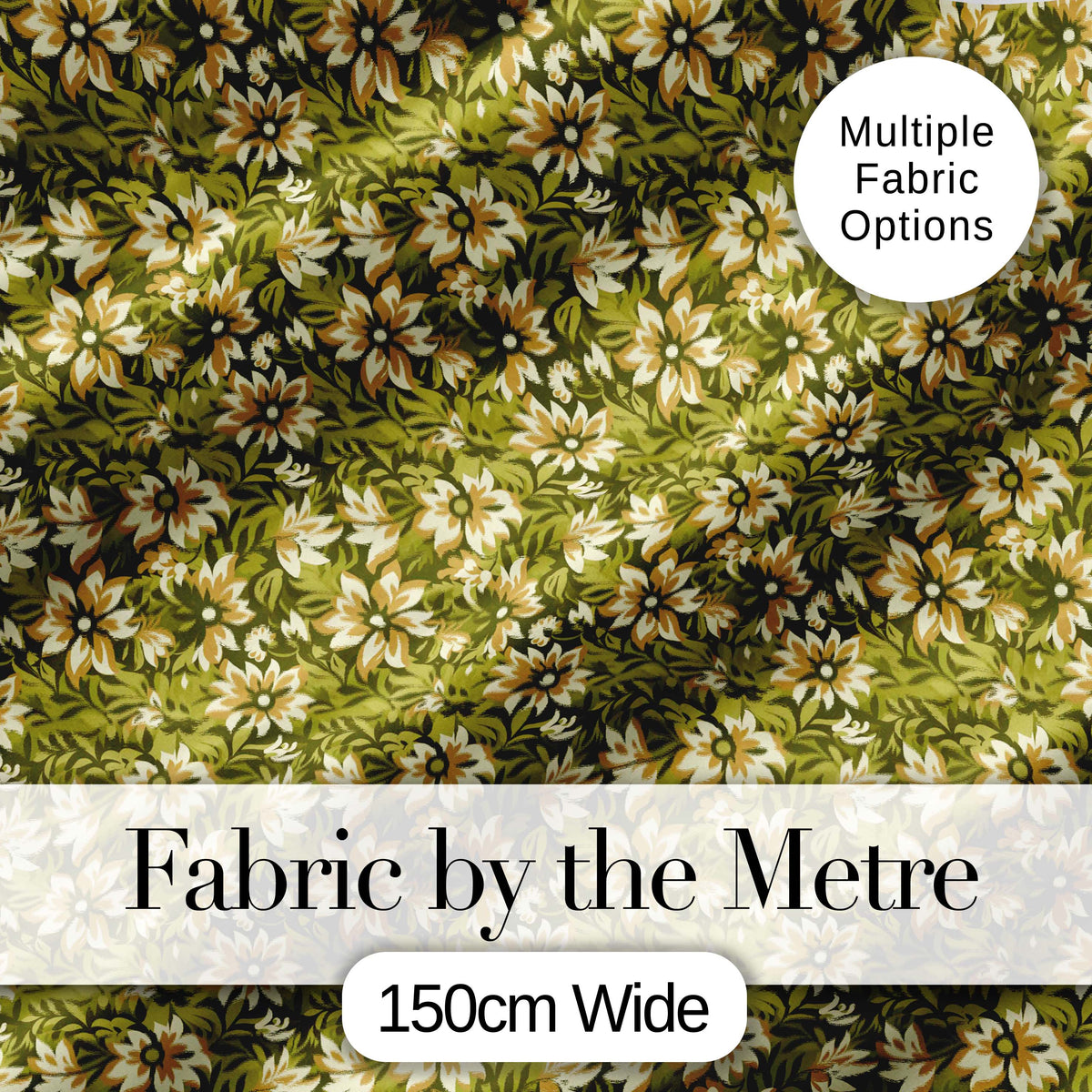 Floral Daisy Olive Green Garden Seamless Pattern Digital Print Fabric by the Metre UK Sewing Quilting Textile