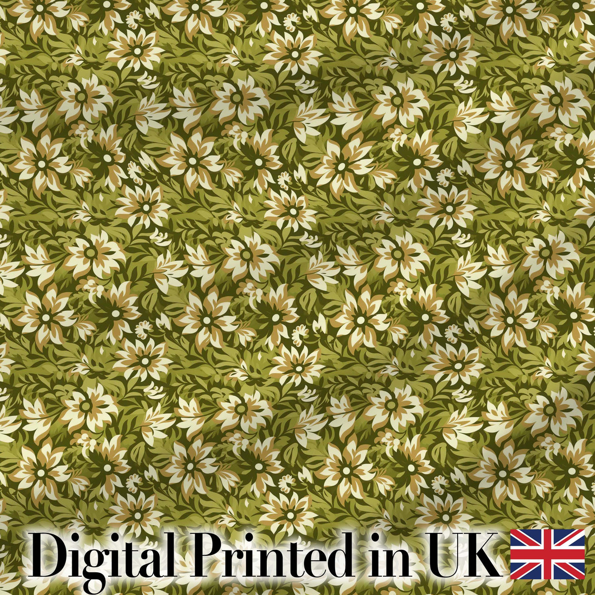 Floral Daisy Olive Green Garden Seamless Pattern Digital Print Fabric by the Metre UK Sewing Quilting Textile