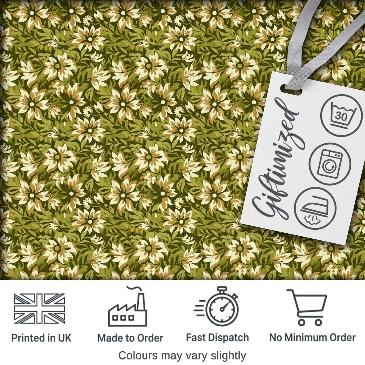 Floral Daisy Olive Green Garden Seamless Pattern Digital Print Fabric by the Metre UK Sewing Quilting Textile