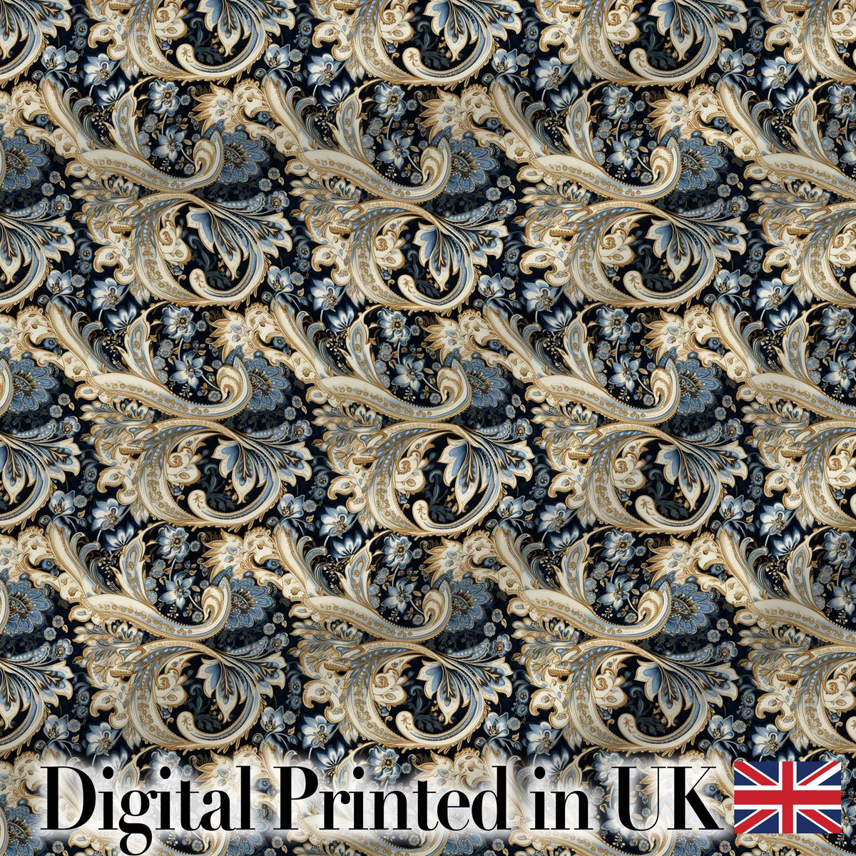 Luxury Navy Gold Floral Paisley Seamless Pattern Digital Print Fabric by the Metre UK Sewing Quilting Textile