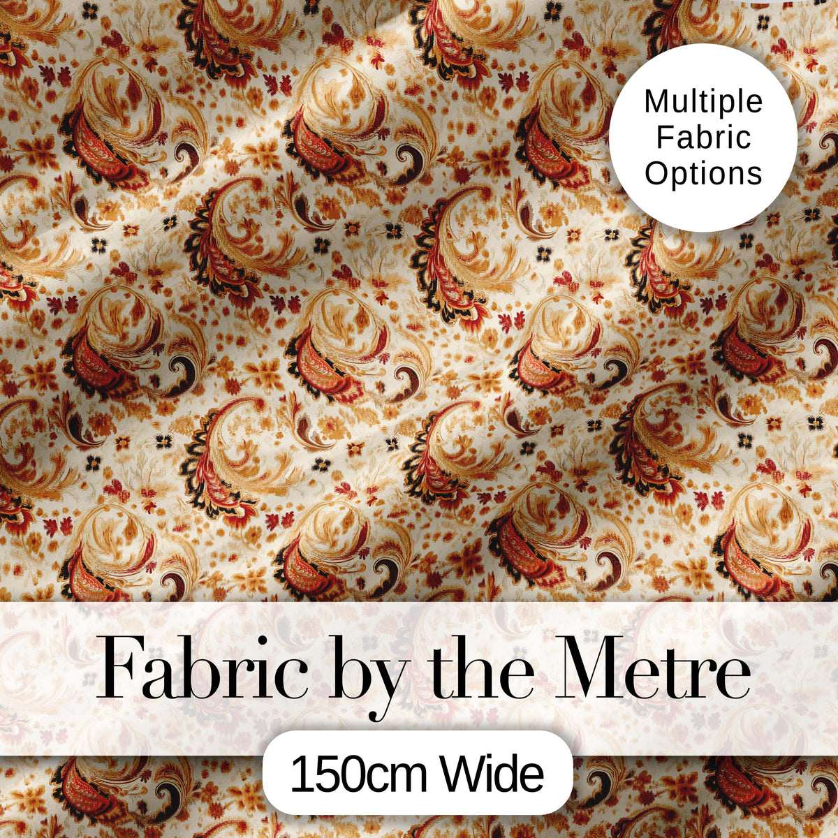 Classic Red Gold Paisley Floral Vintage Seamless Pattern Digital Print Fabric by the Metre UK Sewing Quilting Textile
