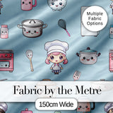 Cute Kawaii Kitchen Utensils Chef Girl Seamless Pattern Digital Print Fabric by the Metre UK Sewing Quilting Textile