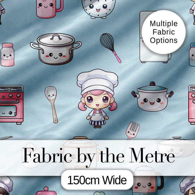 Cute Kawaii Kitchen Utensils Chef Girl Seamless Pattern Digital Print Fabric by the Metre UK Sewing Quilting Textile