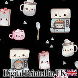 Cute Kawaii Coffee Kitchen Appliances Seamless Pattern Digital Print Fabric by the Metre UK Sewing Quilting Textile