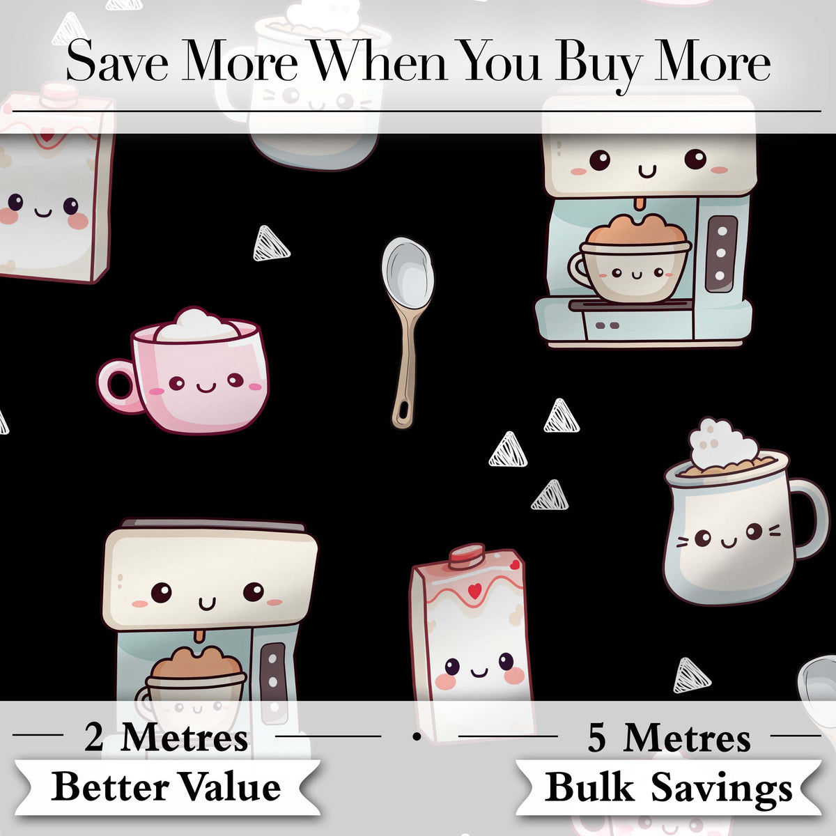 Cute Kawaii Coffee Kitchen Appliances Seamless Pattern Digital Print Fabric by the Metre UK Sewing Quilting Textile