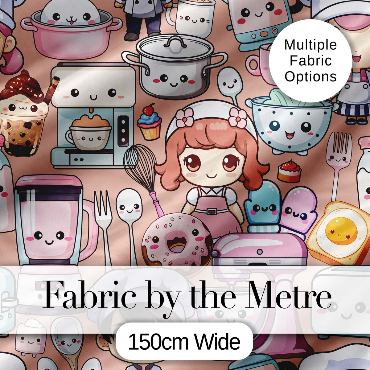 Cute Kawaii Baking Girl Kitchen Utensils Seamless Pattern Digital Print Fabric by the Metre UK Sewing Quilting Textile