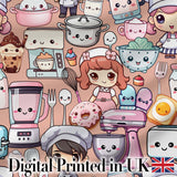 Cute Kawaii Baking Girl Kitchen Utensils Seamless Pattern Digital Print Fabric by the Metre UK Sewing Quilting Textile