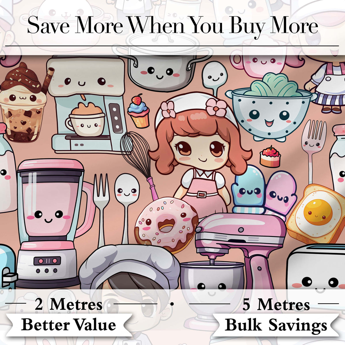 Cute Kawaii Baking Girl Kitchen Utensils Seamless Pattern Digital Print Fabric by the Metre UK Sewing Quilting Textile