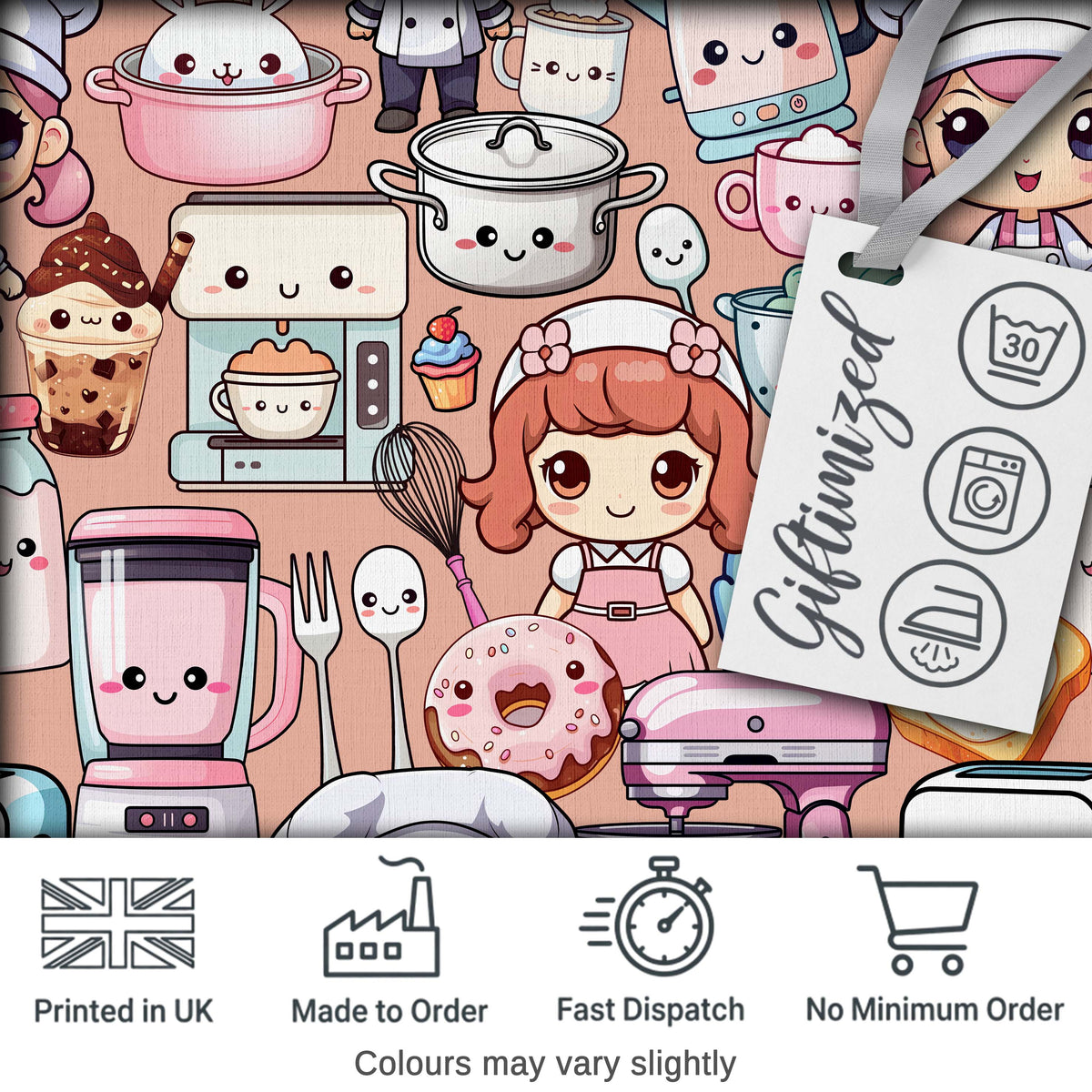Cute Kawaii Baking Girl Kitchen Utensils Seamless Pattern Digital Print Fabric by the Metre UK Sewing Quilting Textile