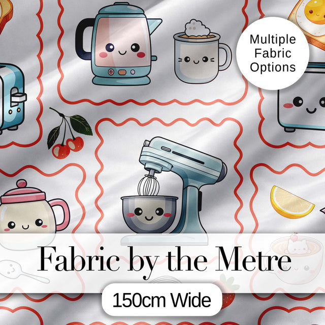 Cute Kawaii Mixer Appliance Fruit Kitchen Seamless Pattern Digital Print Fabric by the Metre UK Sewing Quilting Textile