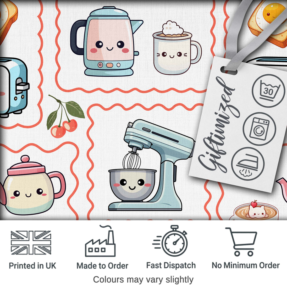Cute Kawaii Mixer Appliance Fruit Kitchen Seamless Pattern Digital Print Fabric by the Metre UK Sewing Quilting Textile