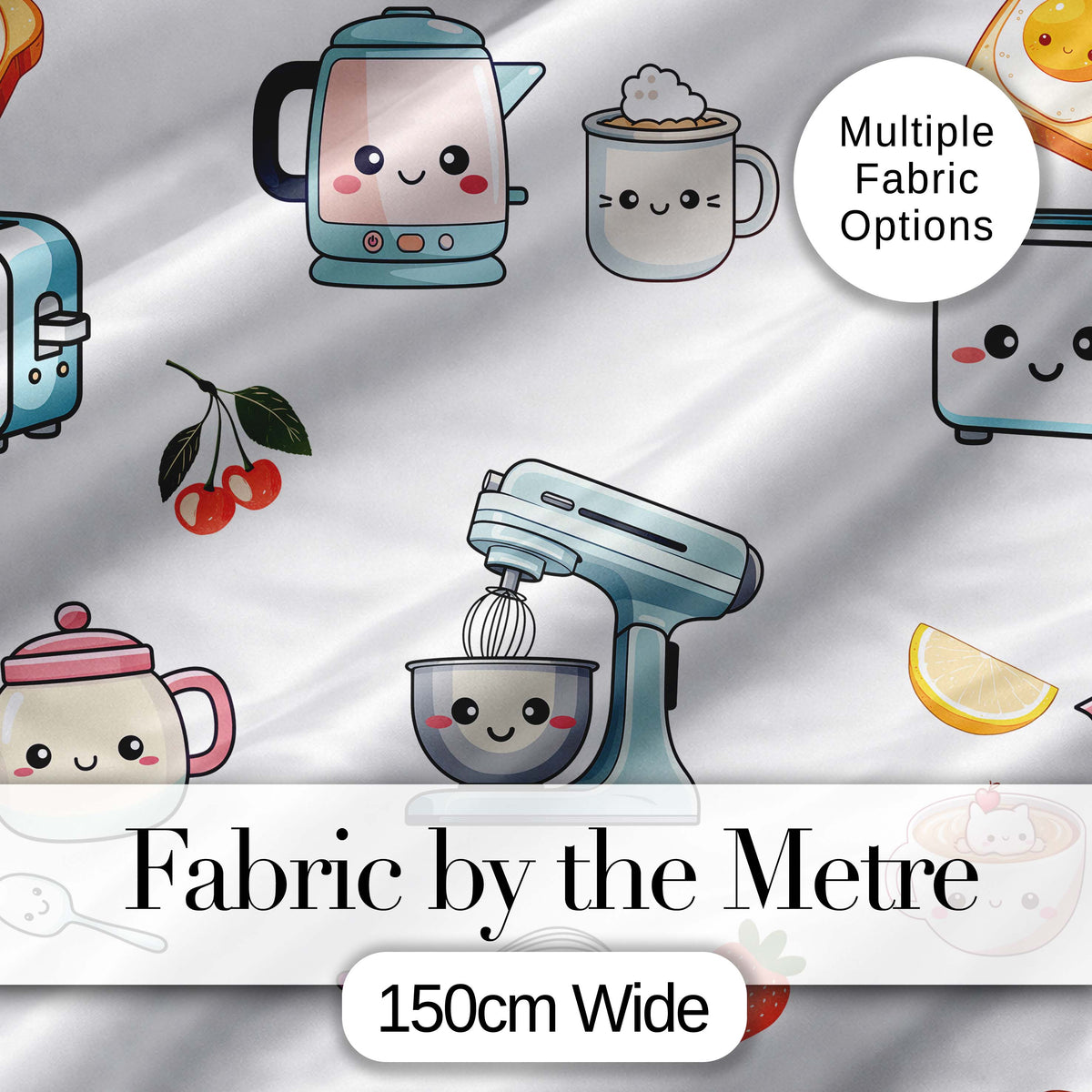 Cute Kawaii Mixer Appliance Lemon Coffee Seamless Pattern Digital Print Fabric by the Metre UK Sewing Quilting Textile