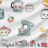 Cute Kawaii Mixer Appliance Lemon Coffee Seamless Pattern Digital Print Fabric by the Metre UK Sewing Quilting Textile