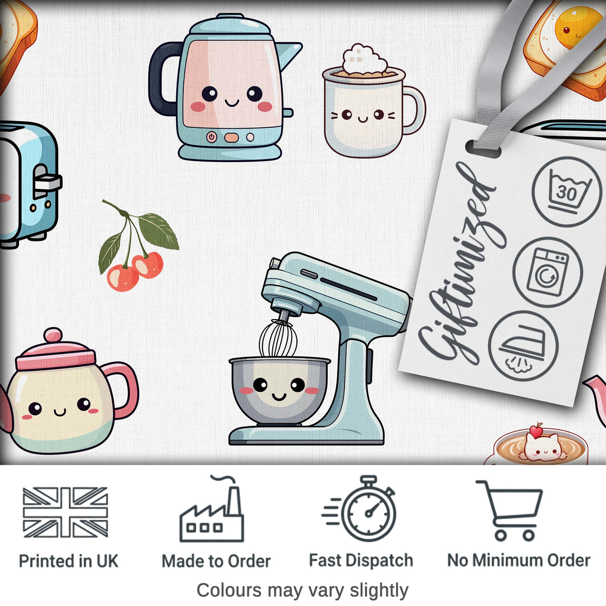 Cute Kawaii Mixer Appliance Lemon Coffee Seamless Pattern Digital Print Fabric by the Metre UK Sewing Quilting Textile