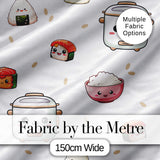 Cute Kawaii Sushi Rice Cooker Japanese Food Seamless Pattern Digital Print Fabric by the Metre UK Sewing Quilting Textile