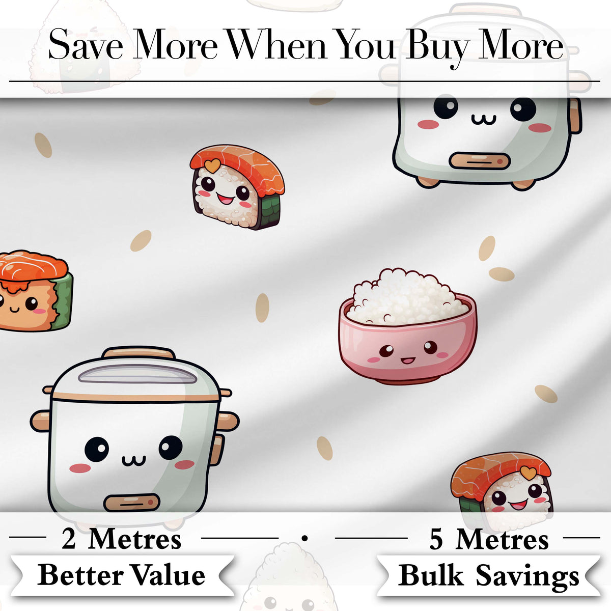 Cute Kawaii Sushi Rice Cooker Japanese Food Seamless Pattern Digital Print Fabric by the Metre UK Sewing Quilting Textile