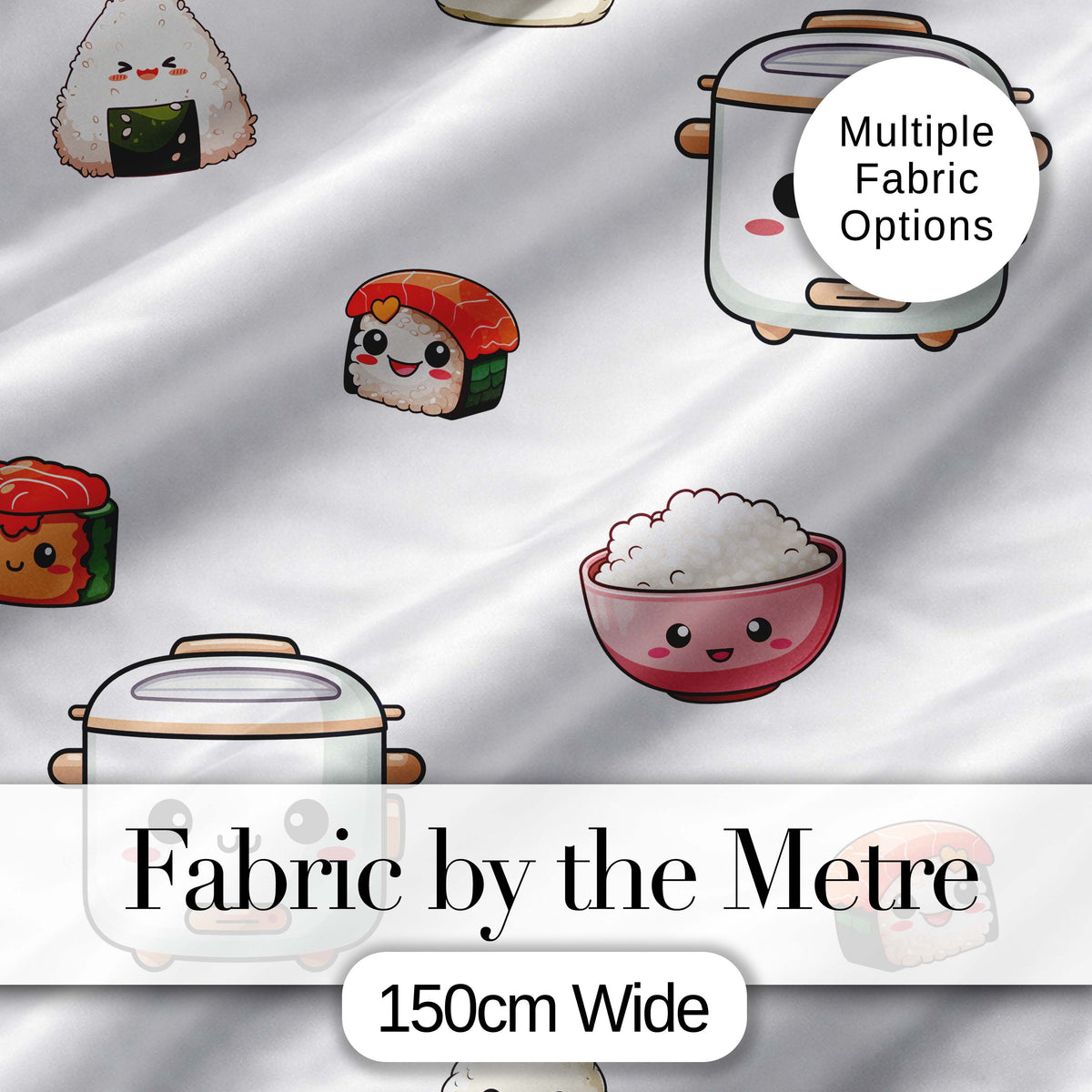 Cute Kawaii Sushi Rice Bowl Kitchen Appliances Seamless Pattern Digital Print Fabric by the Metre UK Sewing Quilting Textile