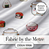 Cute Kawaii Sushi Rice Bowl Kitchen Appliances Seamless Pattern Digital Print Fabric by the Metre UK Sewing Quilting Textile
