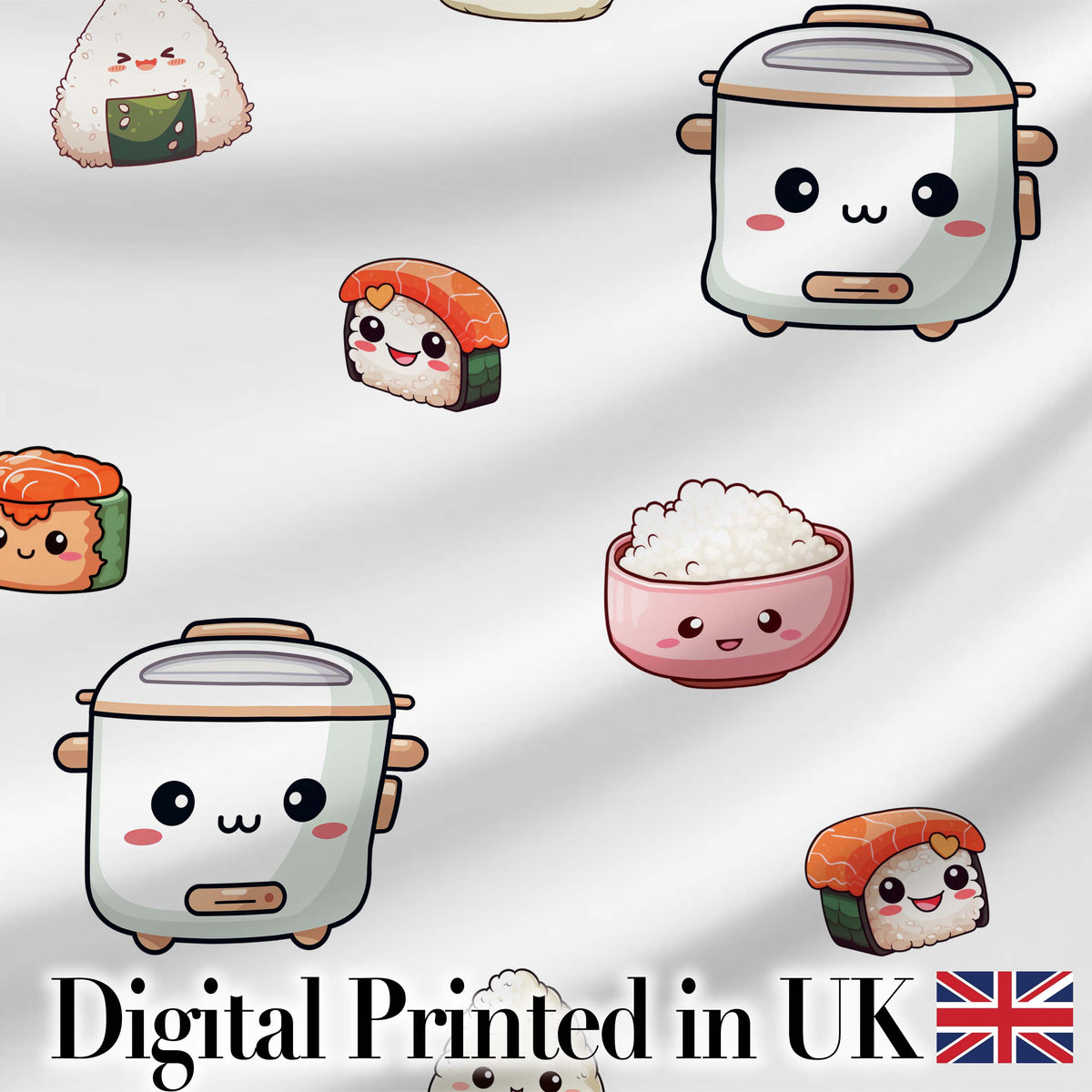 Cute Kawaii Sushi Rice Bowl Kitchen Appliances Seamless Pattern Digital Print Fabric by the Metre UK Sewing Quilting Textile