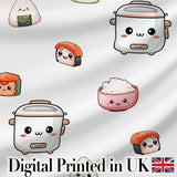 Cute Kawaii Sushi Rice Bowl Kitchen Appliances Seamless Pattern Digital Print Fabric by the Metre UK Sewing Quilting Textile