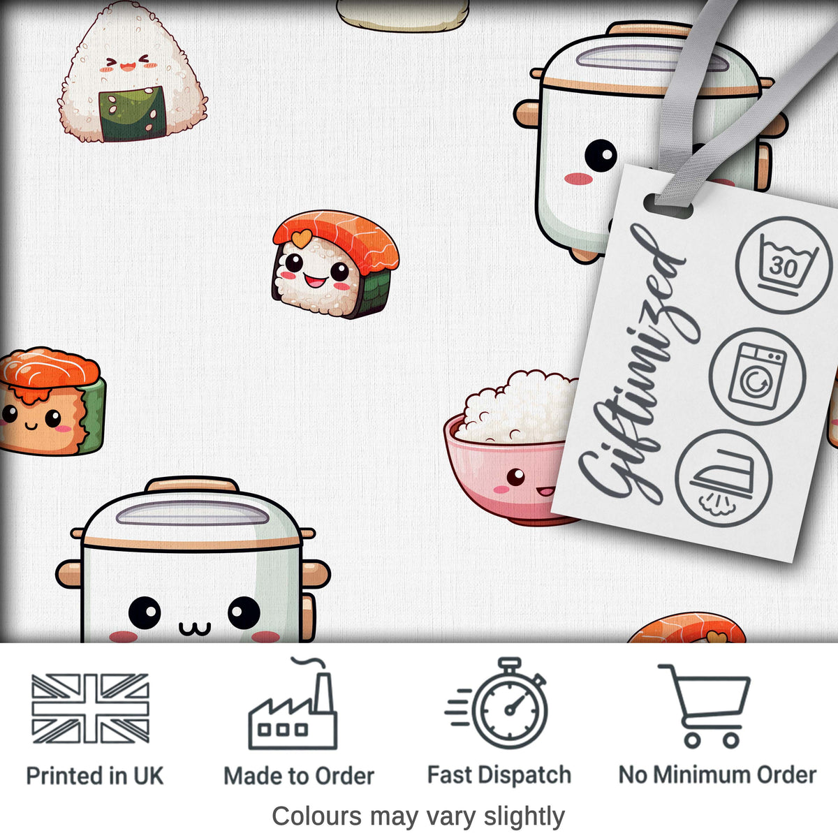 Cute Kawaii Sushi Rice Bowl Kitchen Appliances Seamless Pattern Digital Print Fabric by the Metre UK Sewing Quilting Textile