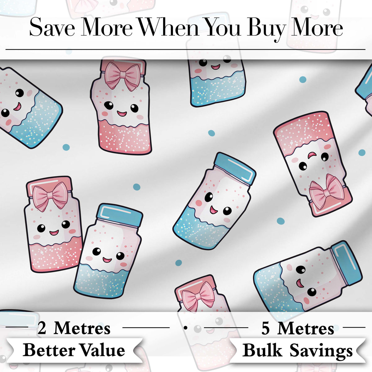 Cute Kawaii Sugar Jars Pink Blue Sprinkles Seamless Pattern Digital Print Fabric by the Metre UK Sewing Quilting Textile