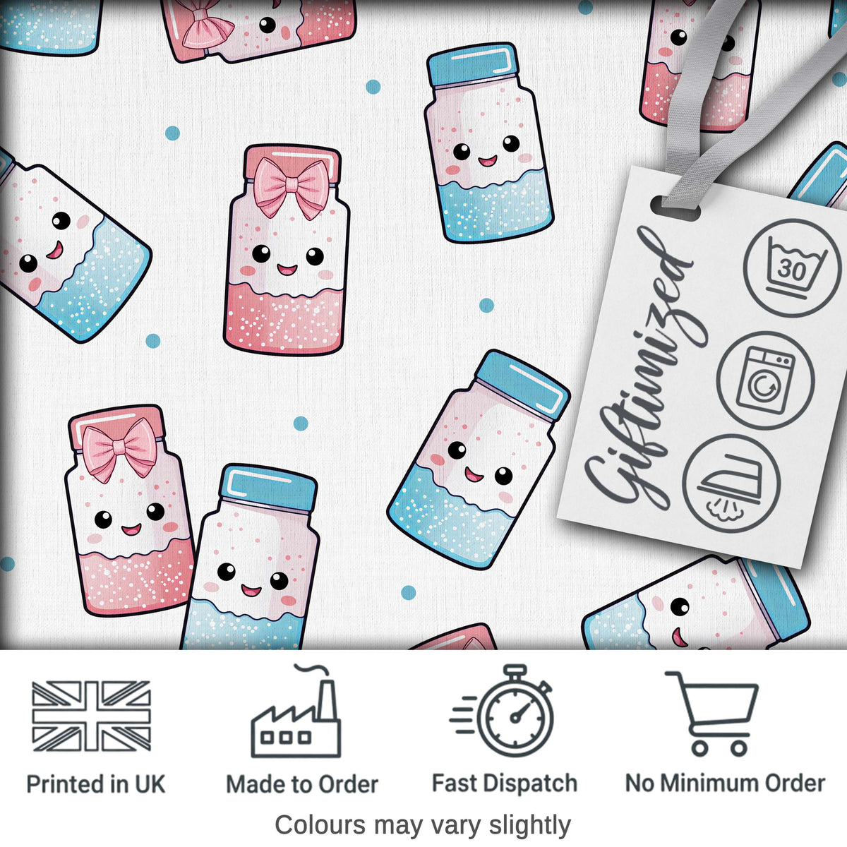 Cute Kawaii Sugar Jars Pink Blue Sprinkles Seamless Pattern Digital Print Fabric by the Metre UK Sewing Quilting Textile