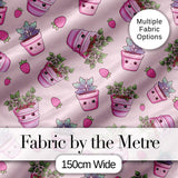 Cute Kawaii Strawberry Plant Pots Pastel Pink Seamless Pattern Digital Print Fabric by the Metre UK Sewing Quilting Textile