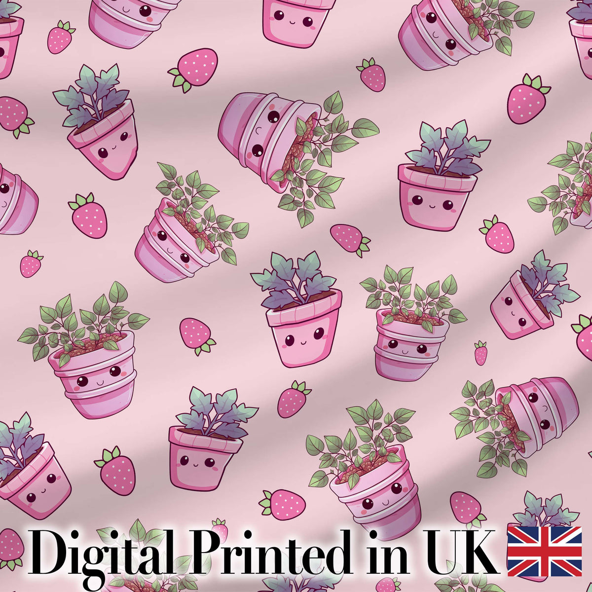 Cute Kawaii Strawberry Plant Pots Pastel Pink Seamless Pattern Digital Print Fabric by the Metre UK Sewing Quilting Textile