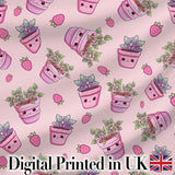 Cute Kawaii Strawberry Plant Pots Pastel Pink Seamless Pattern Digital Print Fabric by the Metre UK Sewing Quilting Textile