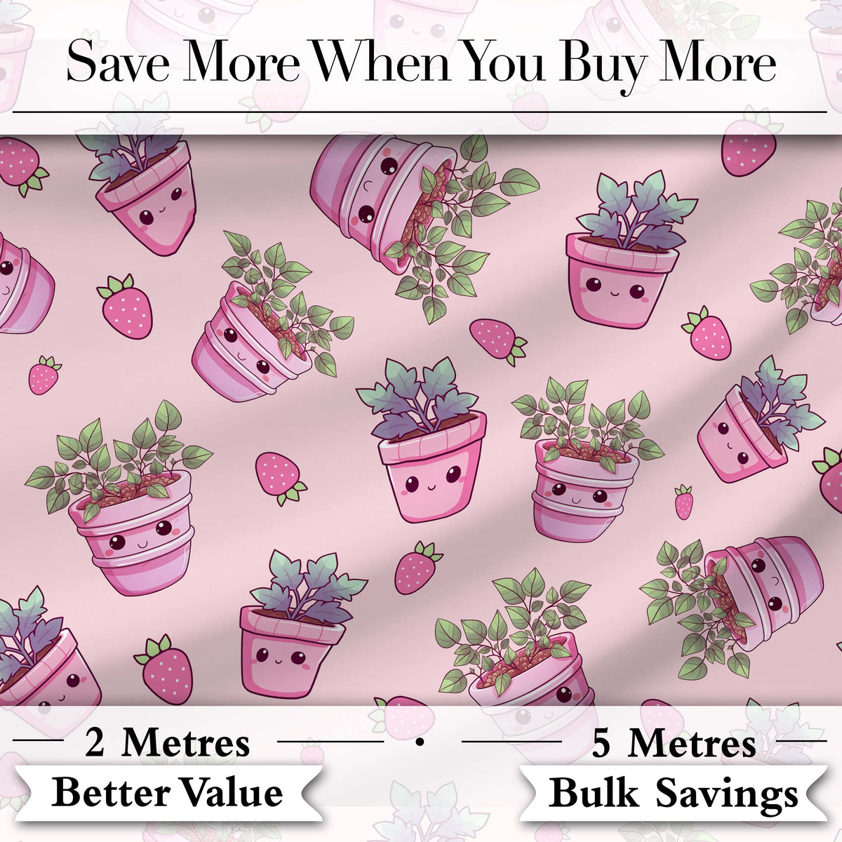 Cute Kawaii Strawberry Plant Pots Pastel Pink Seamless Pattern Digital Print Fabric by the Metre UK Sewing Quilting Textile